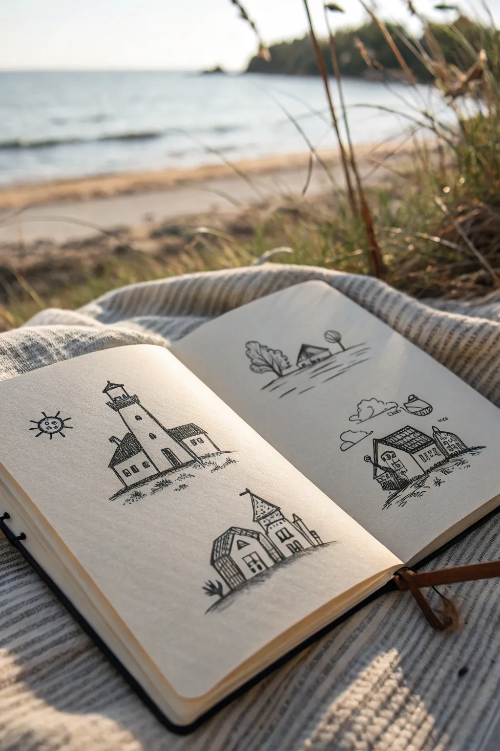 Tiny city icons for fantasy maps: walled city, village cluster, watchtower, and harbor town.