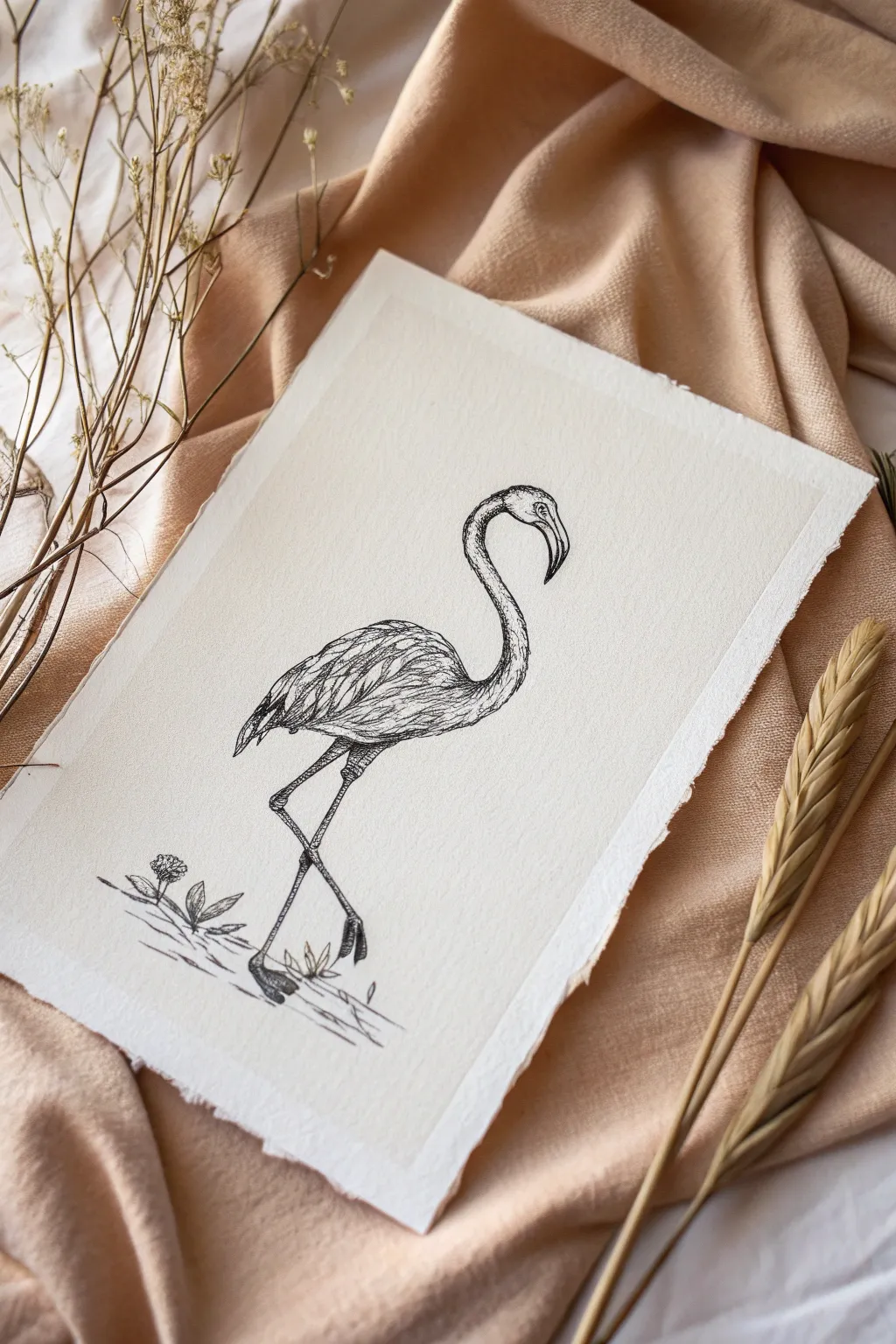 Minimalist flamingo line drawing with a soft blush wash, elegant S-curve and clean contrast
