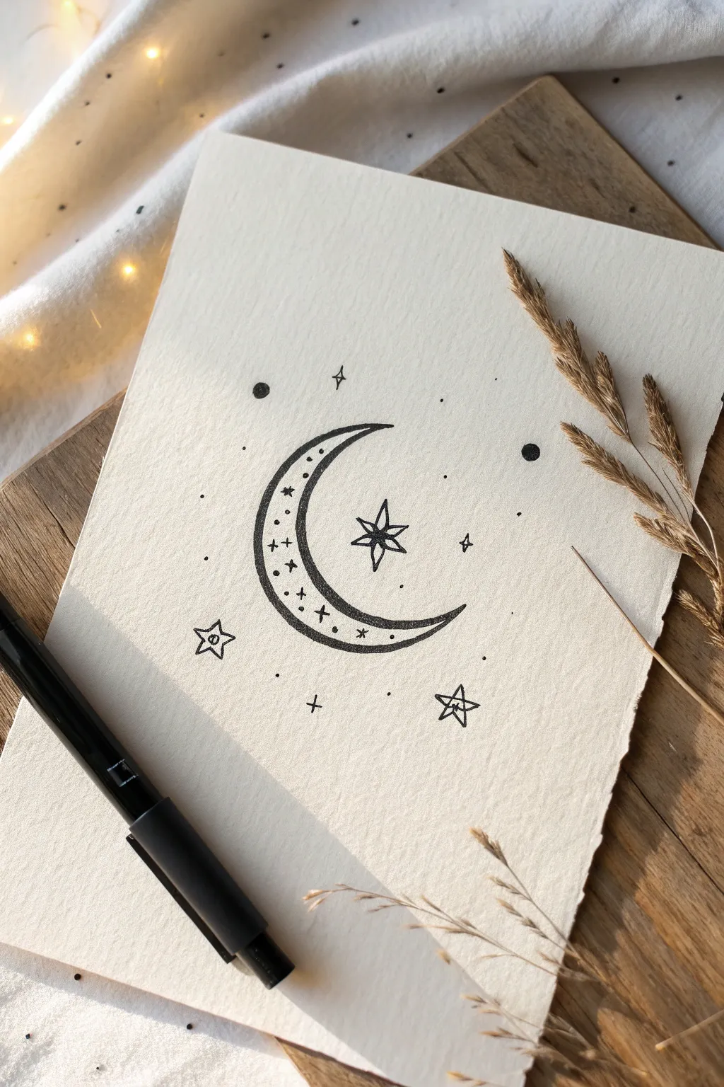 Easy moon and stars doodle in crisp black ink, minimalist and calming with cozy boho vibes