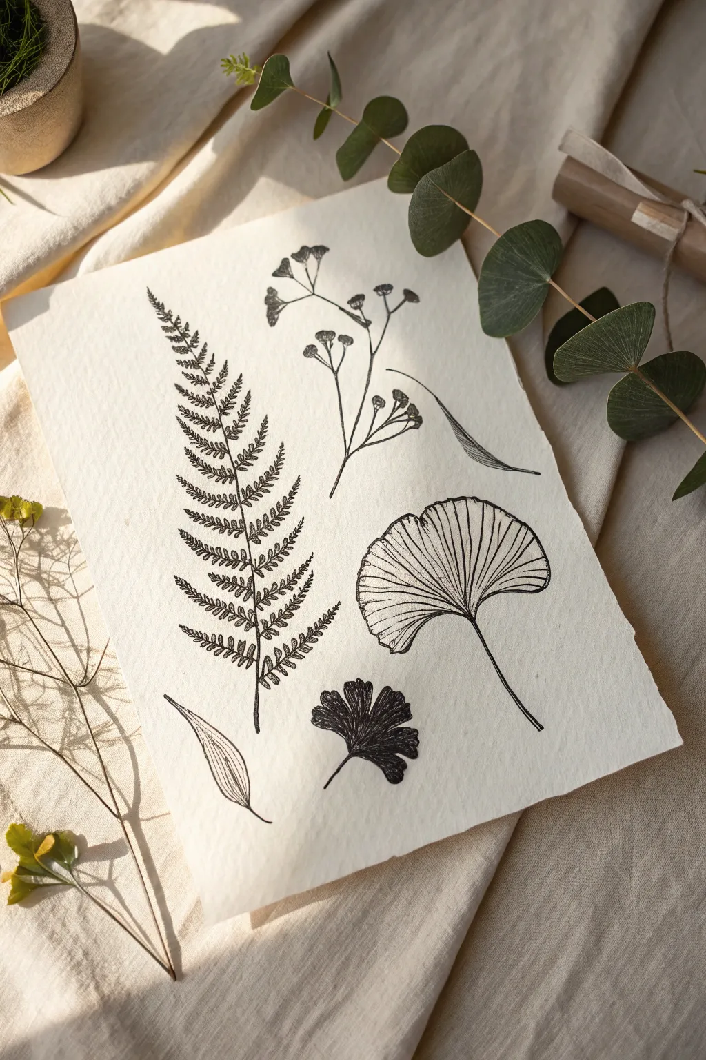 Delicate botanical line study of fern, ginkgo and oval leaves for minimalist drawing inspiration