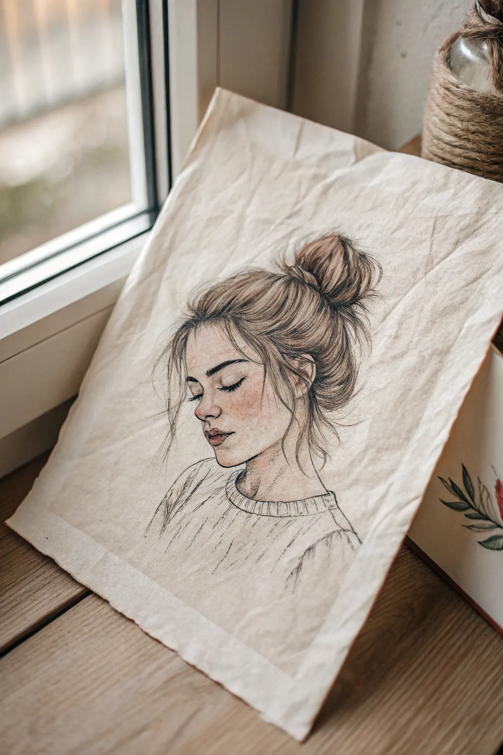 Minimalist sketch of a girl with a messy bun and airy flyaways, crisp lines on warm paper.