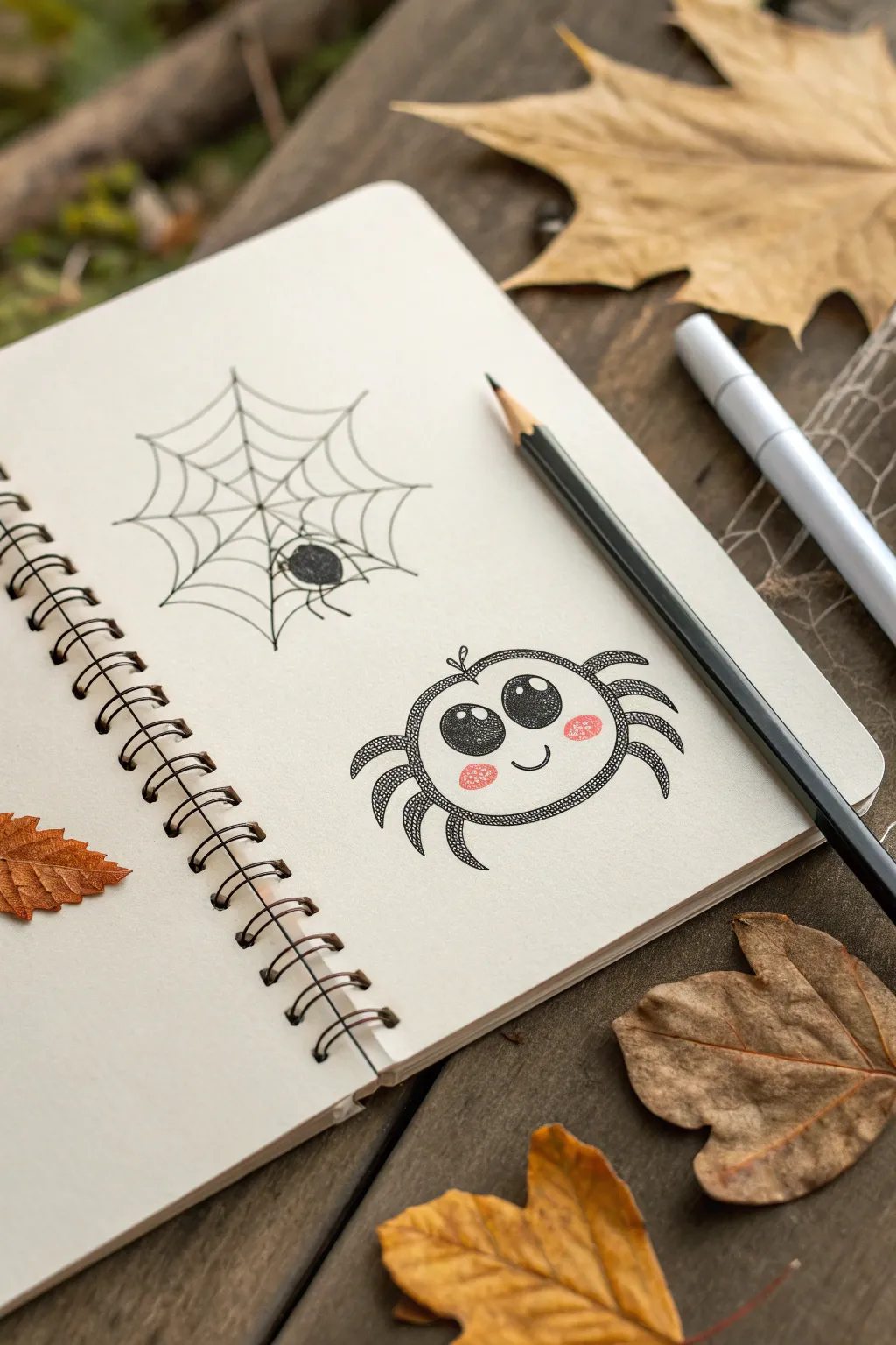 Adorable round spider doodle with big eyes and tiny fangs for a sweet, not-scary Halloween