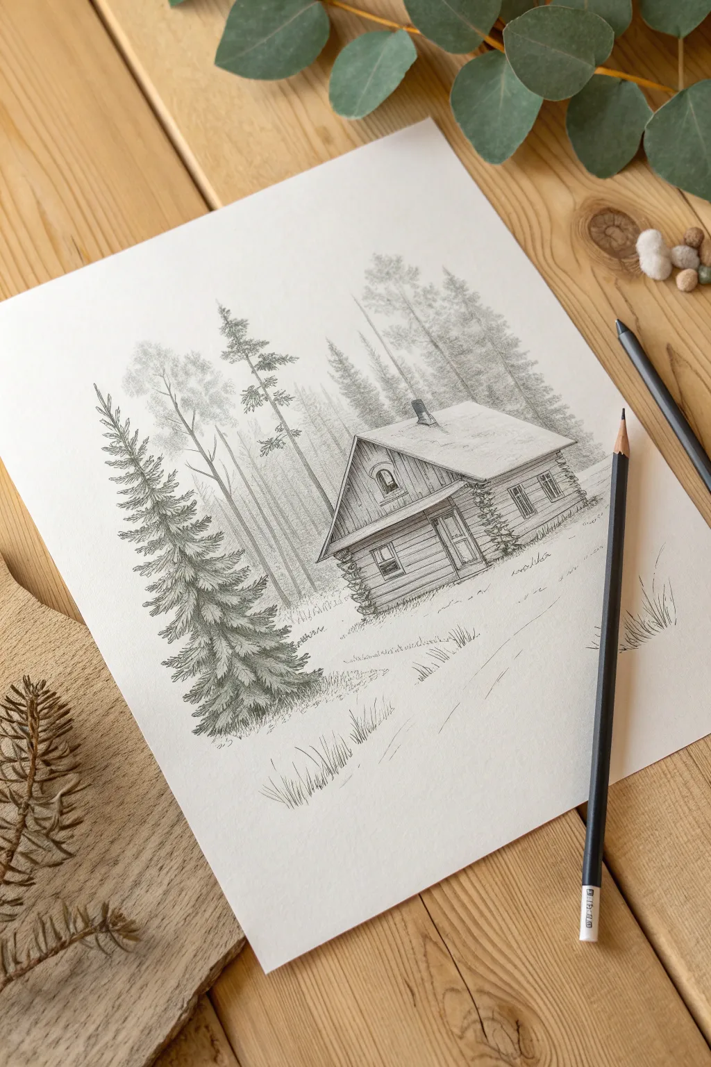Capture rustic charm by sketching this cozy solitary cabin. Perfect for texture practice.