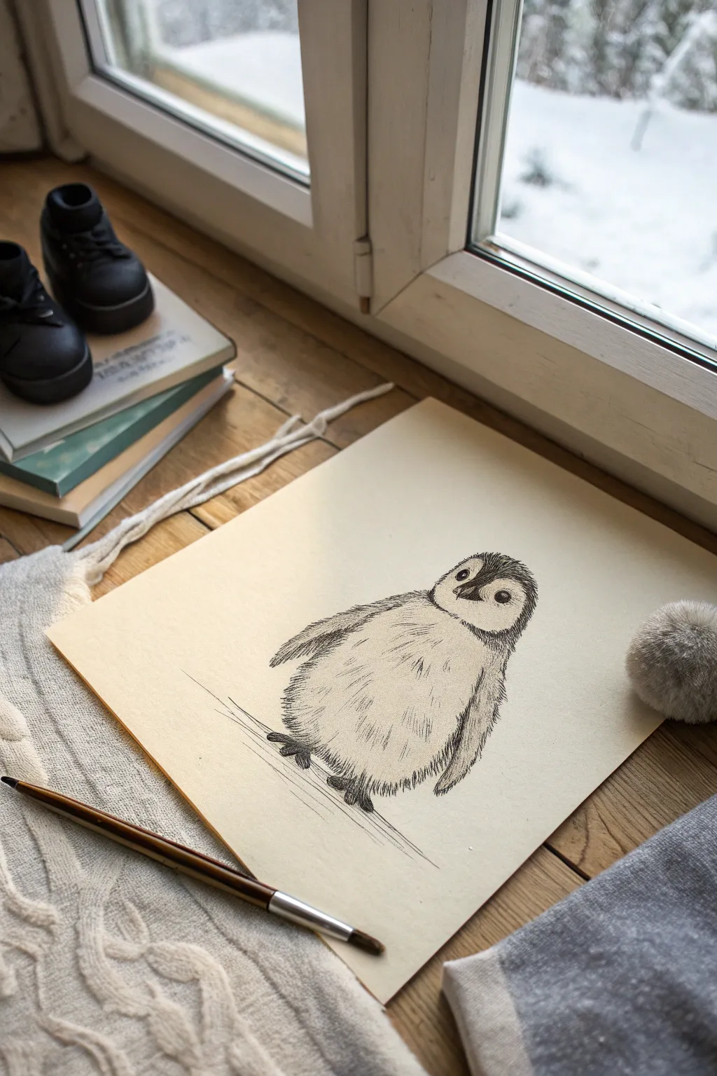 Fluffy baby penguin sketch idea in soft minimalist style, perfect for cozy drawing practice