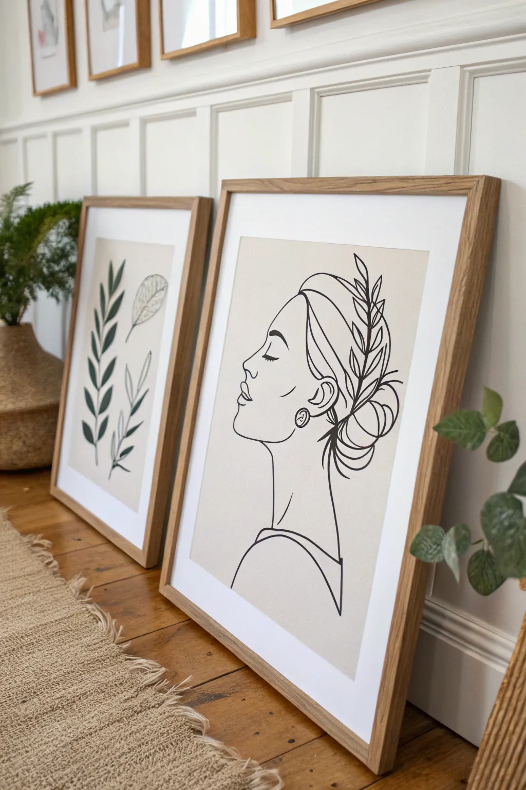 Minimal face line art duo with tiny botanicals, a simple modern print idea to draw and sell
