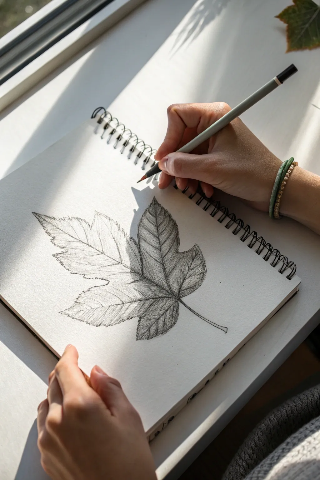 Calm graphite hand study holding a simple leaf, perfect for practicing form and shadows.