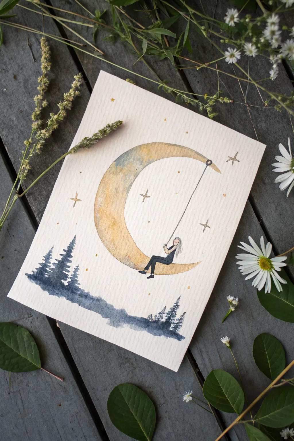Moon swing sketch: a simple crescent and tiny figure drifting through a calm, starry night.
