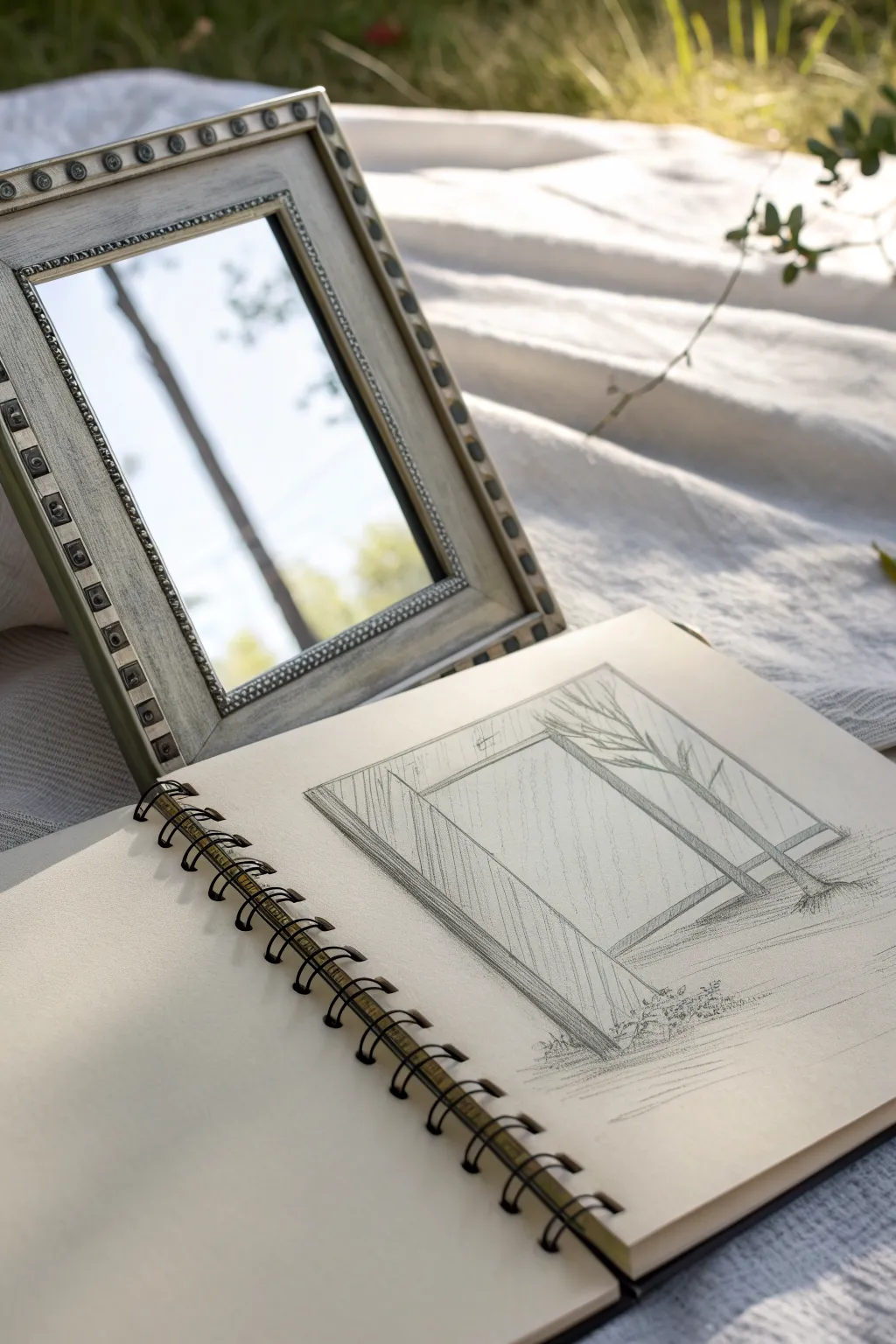 Diagonal hatching gives this minimalist mirror sketch a clear glass sheen with simple reflections.
