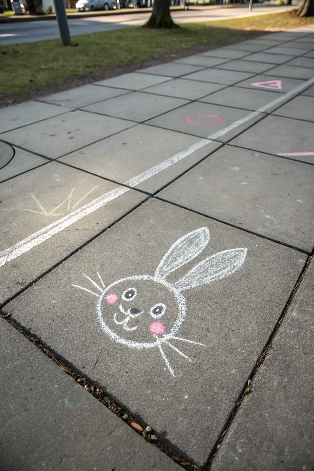 Cute chalk bunny face in one sidewalk square, crisp white lines and rosy cheeks, minimal Pinterest vibe.