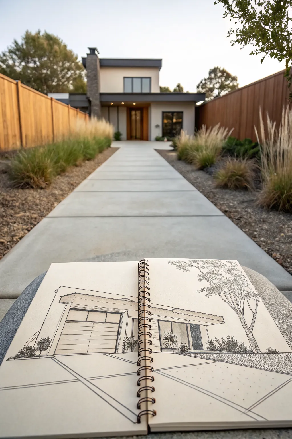 Minimalist modern house sketch: linear driveway and bold concrete pavers guiding the eye to the door.
