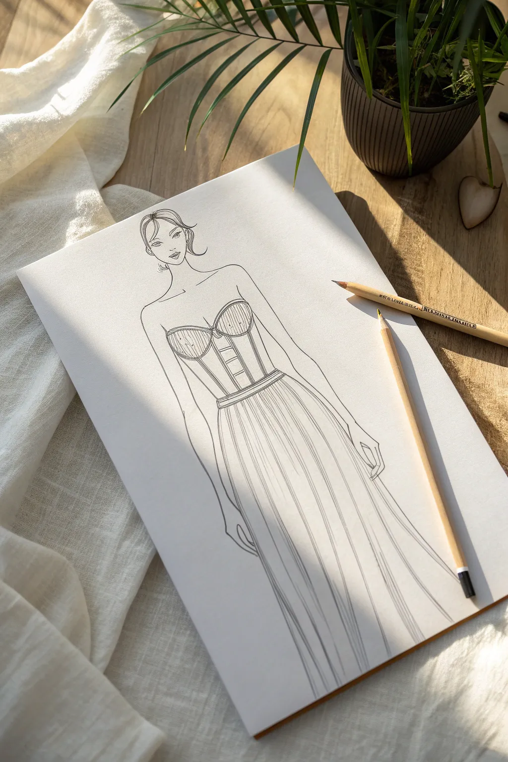 Strapless sweetheart bodice sketch with soft shading, clean center line, and minimalist Scandinavian calm.
