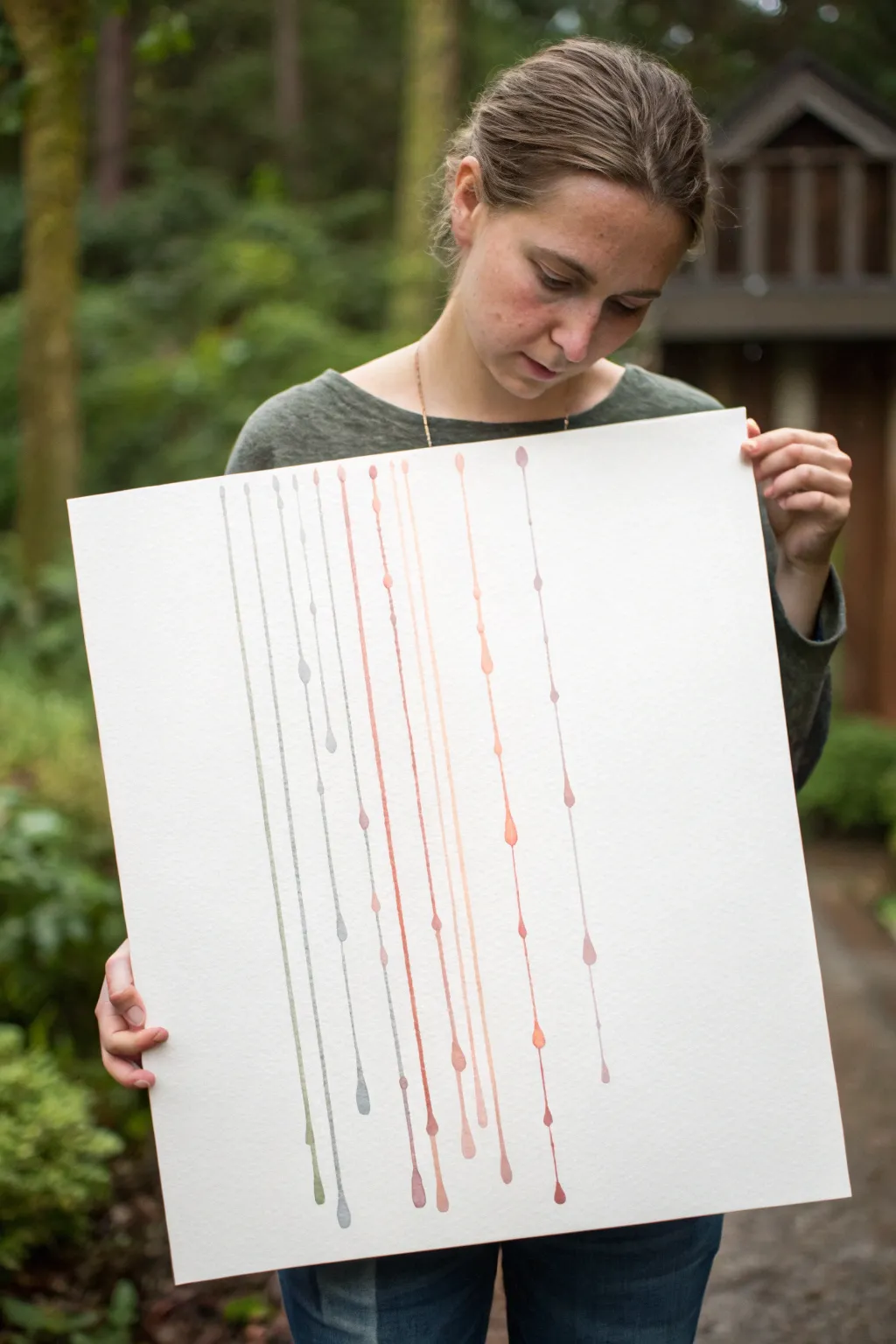 Pipette-started rain lines with clean, controlled drips in soft boho tones on white paper