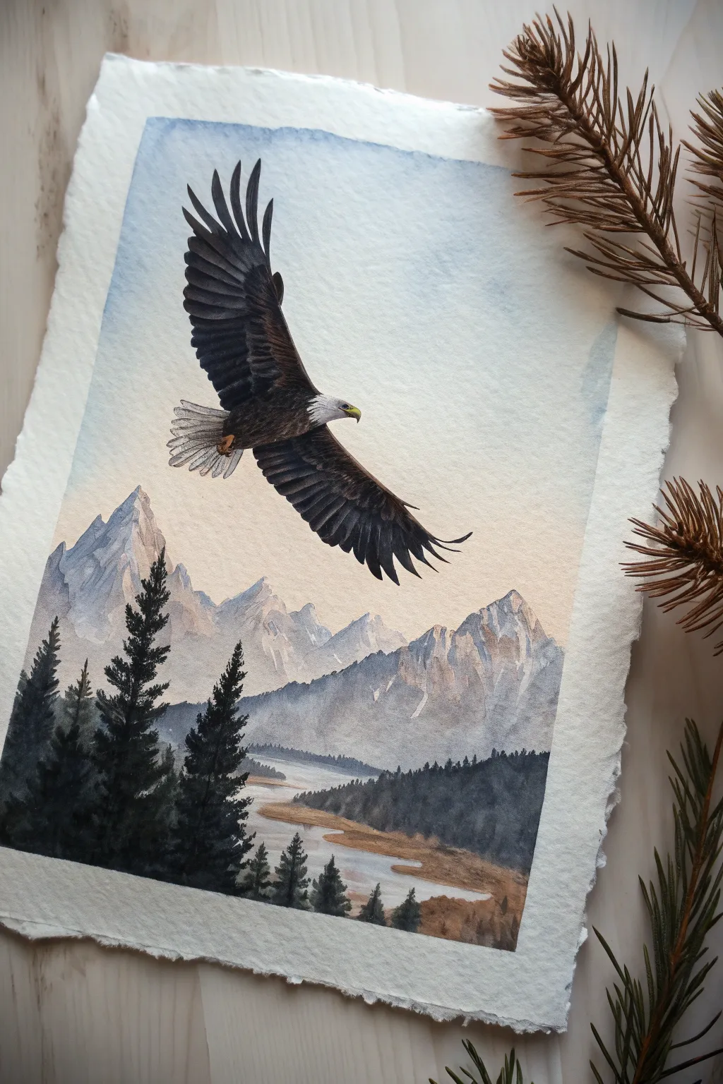 Minimalist eagle soaring above misty mountain pines in cool Scandinavian watercolor tones