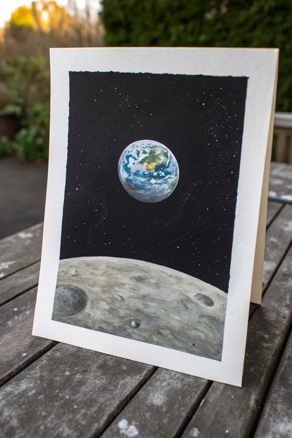 Paint a quiet Earthrise: a glowing blue-green planet above a textured moon and deep black space.