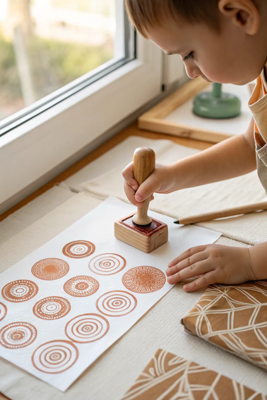 Chunky shape stamping on easel paper, a simple preschool pattern in warm minimalist tones