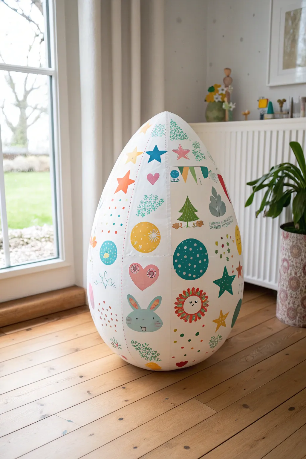 Sticker-bomb a giant Easter egg with toddlers for a simple, colorful Easter art activity