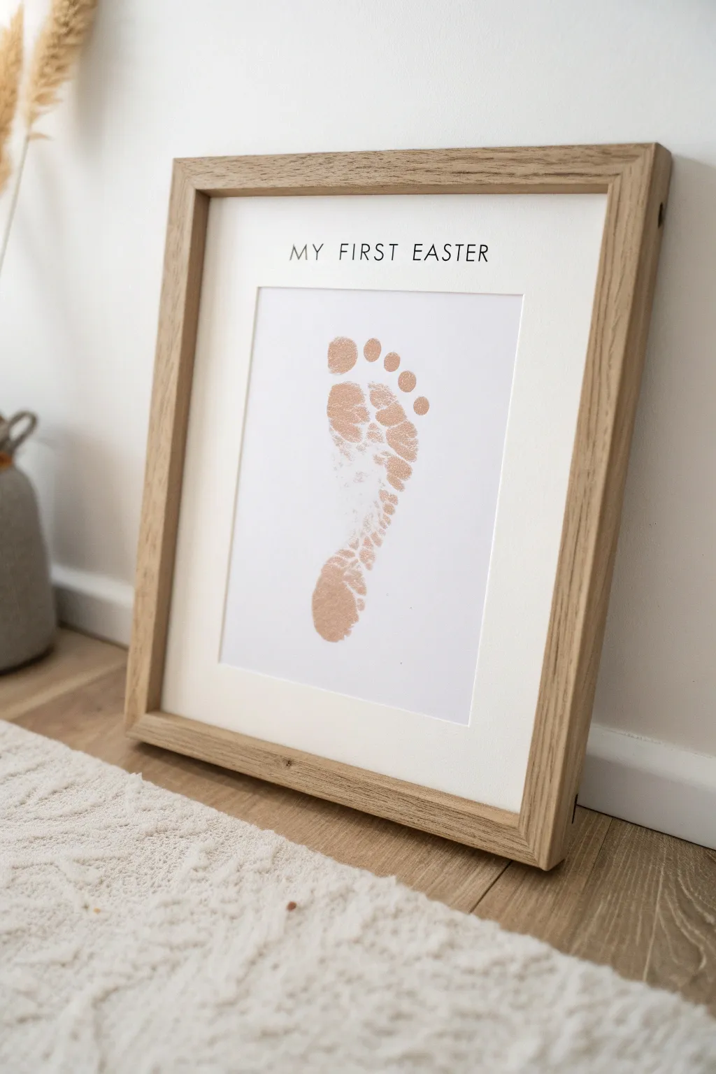 Minimal My First Easter footprint print in a light wood frame, nursery-ready and timeless