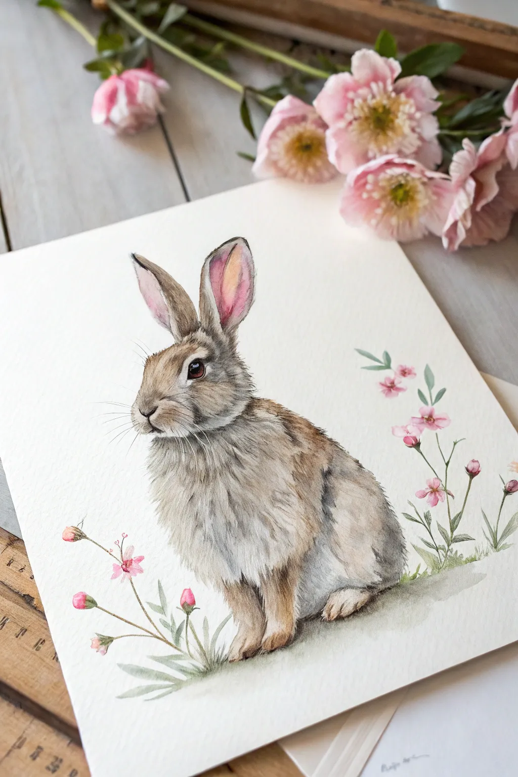 Soft wet-on-wet watercolor Easter bunny with blush ears, airy eggs and greenery in calm neutrals.