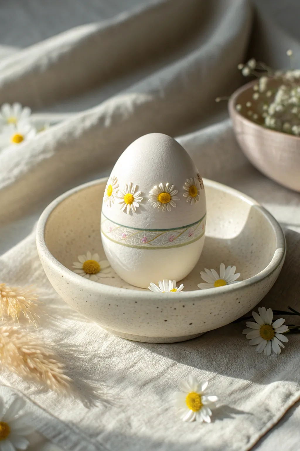 Minimal daisy-chain Easter egg with soft spring petals and clean Scandinavian styling