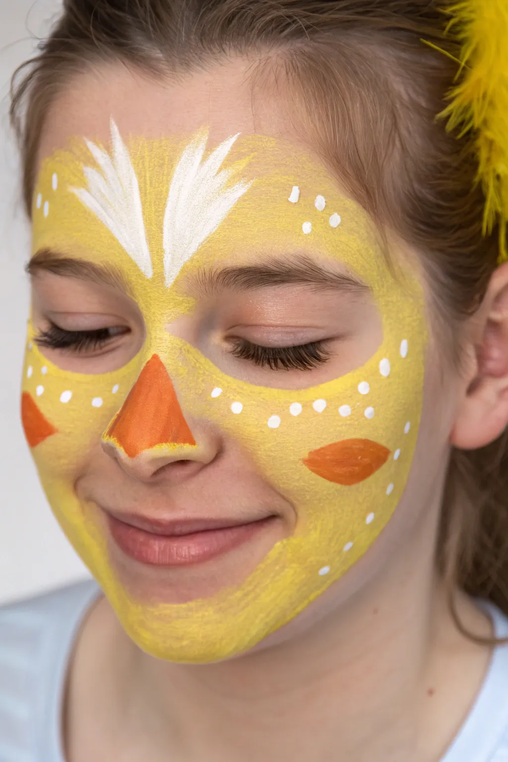 Sunny Easter chick face paint: beak-on-nose and fluffy cheeks in a bright minimalist look
