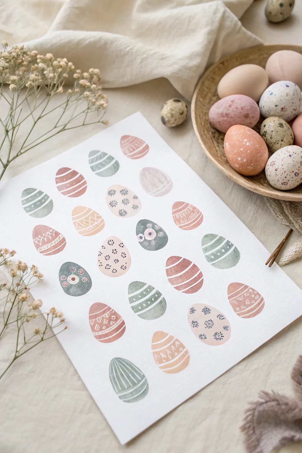 Soft watercolor wash Easter eggs with gentle drips, styled minimal with brush and water cup