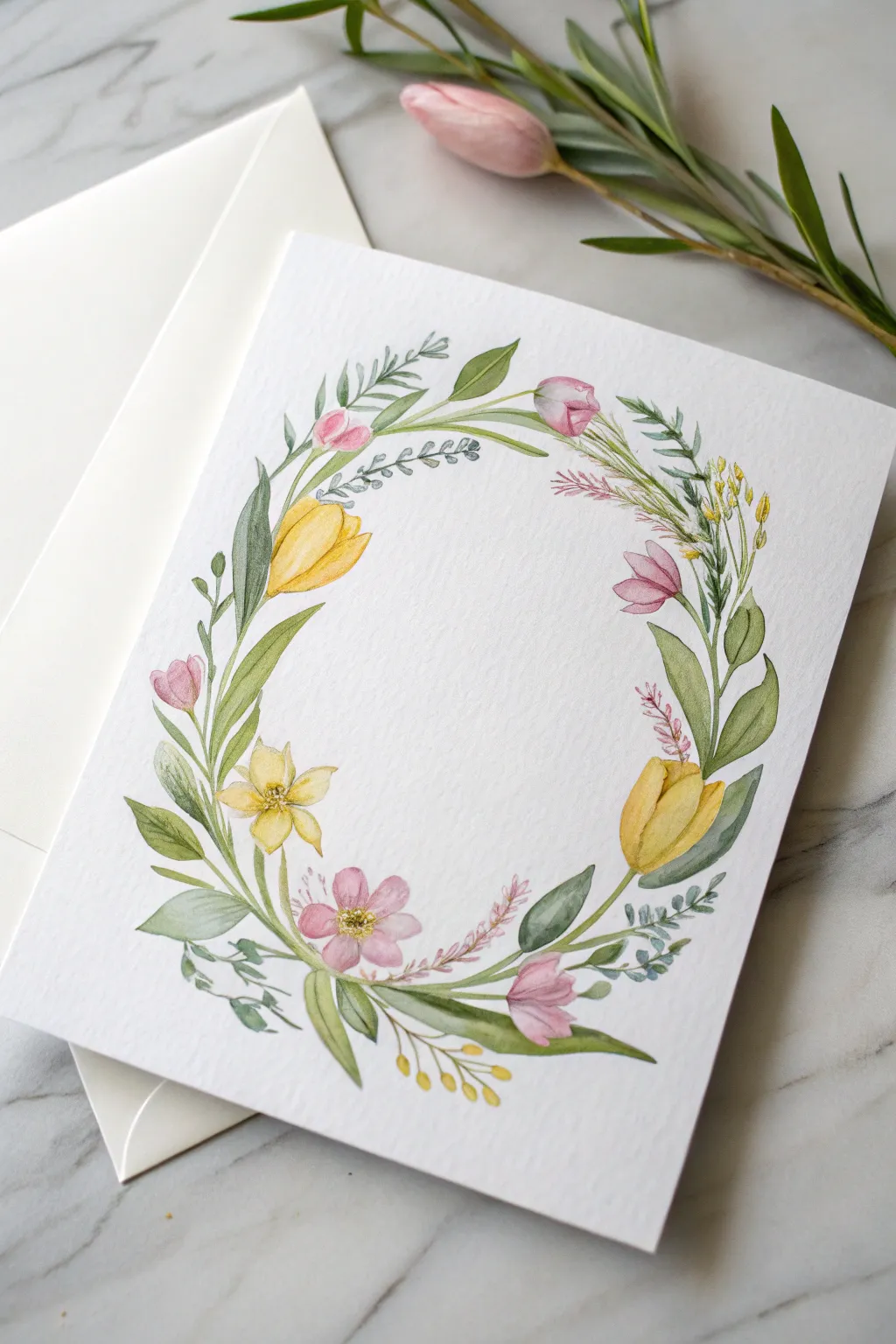 Paint a spring wreath card in watercolor with a clean blank center for an Easter greeting.