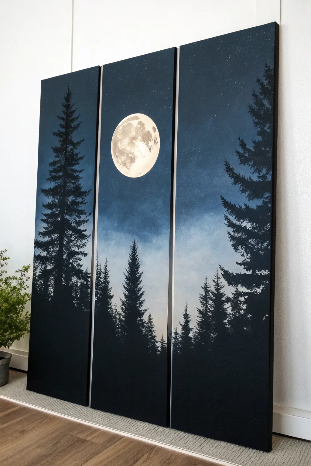 Easy 3-piece painting idea: a moonlit night gradient with pine silhouettes across three canvases