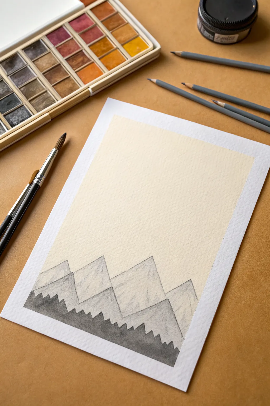 Simple layered mountain silhouettes in soft tones, an easy minimalist background to draw