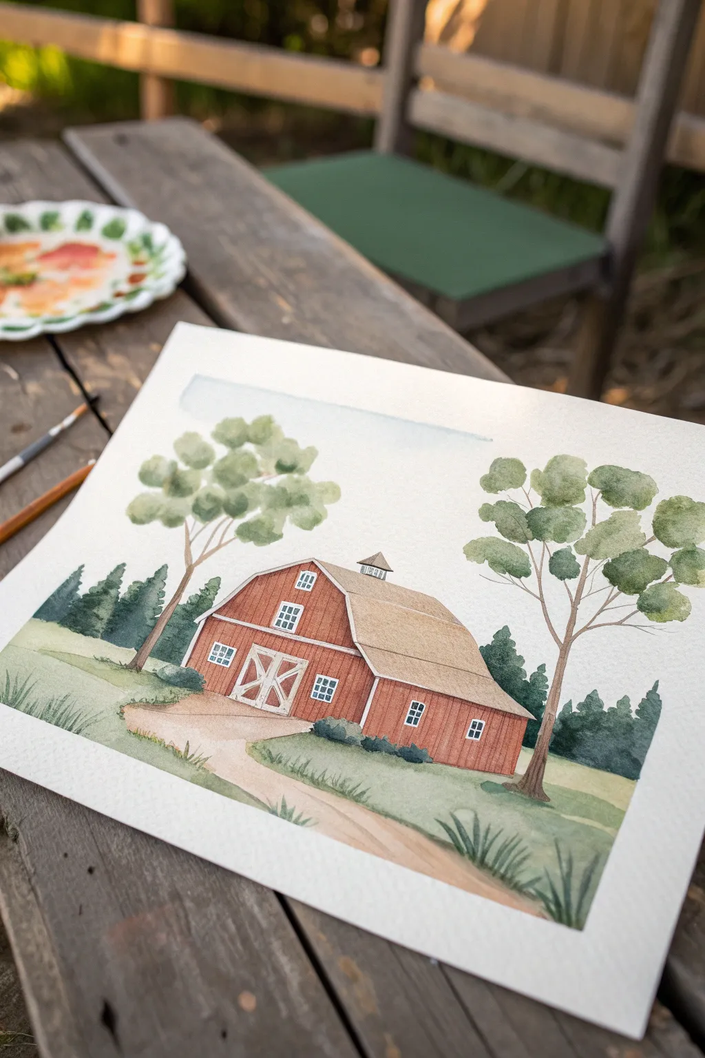 Paint a simple red barn framed by puffy green trees, perfect for cozy minimalist art.