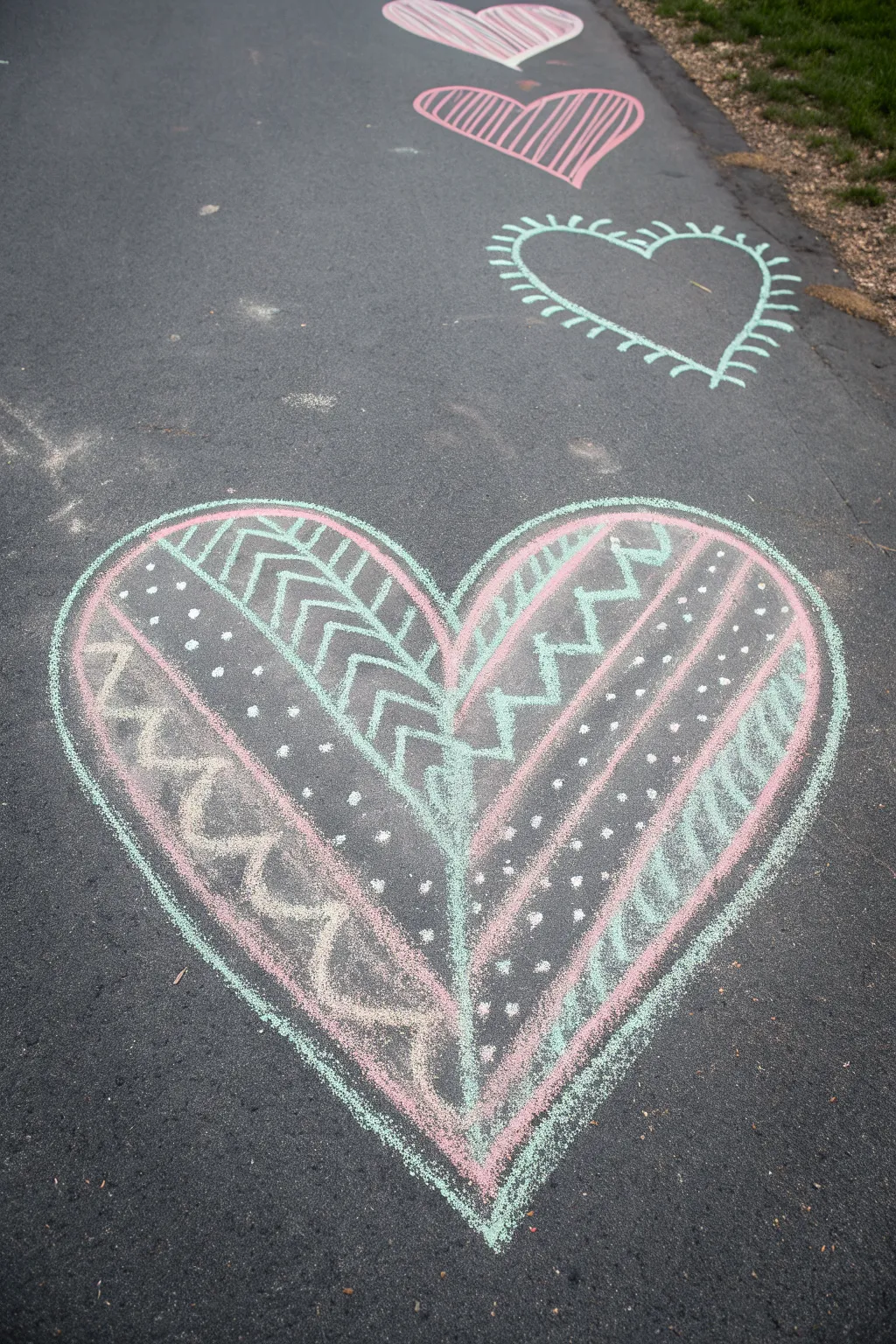 Minimal chalk heart with stripes and dots in three soft colors, an easy beginner driveway idea.