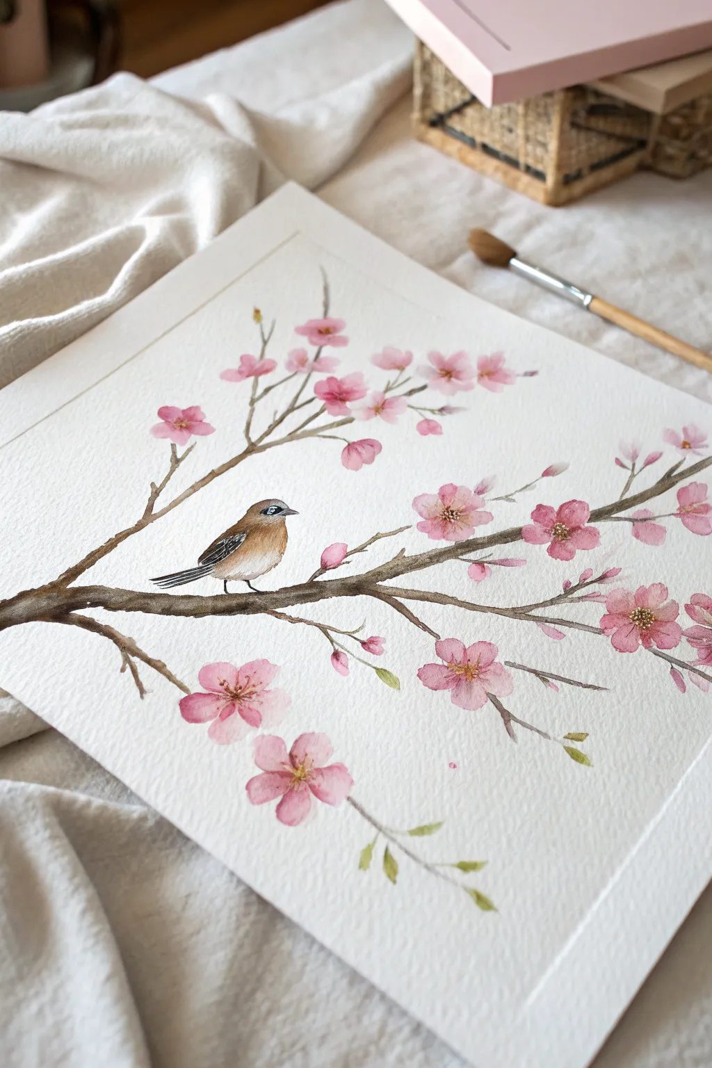 Cherry blossom branch watercolor with a tiny perched bird, an easy and calming painting idea