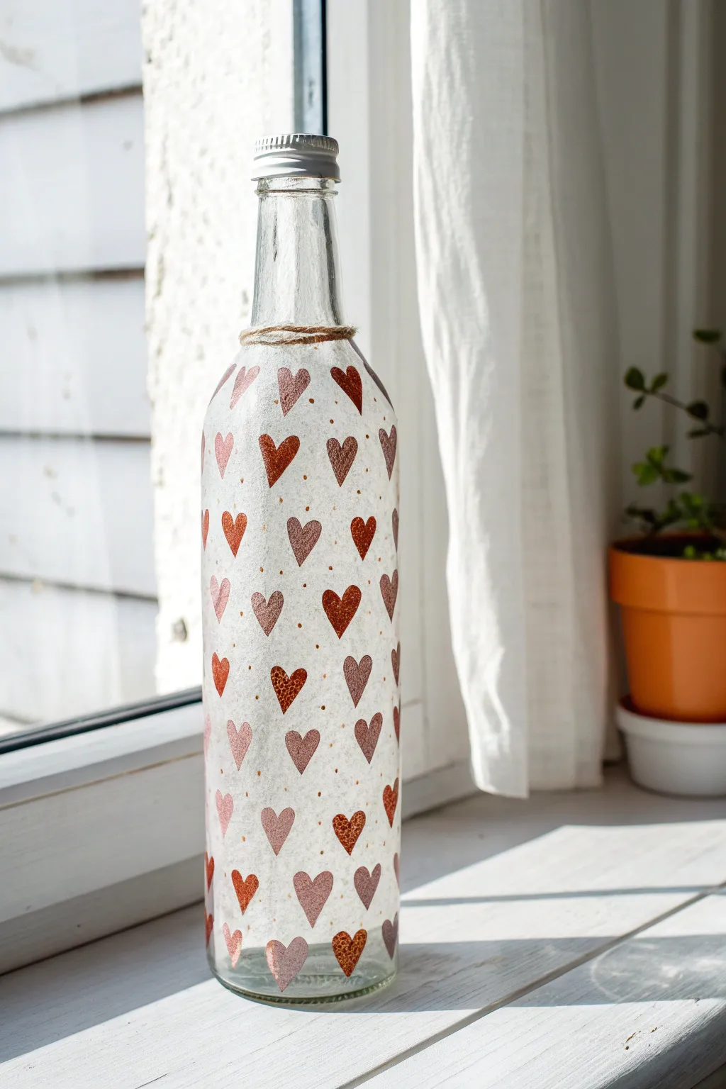Sweet DIY gift bottle with tiny heart pattern in two tones, styled minimal on bright white