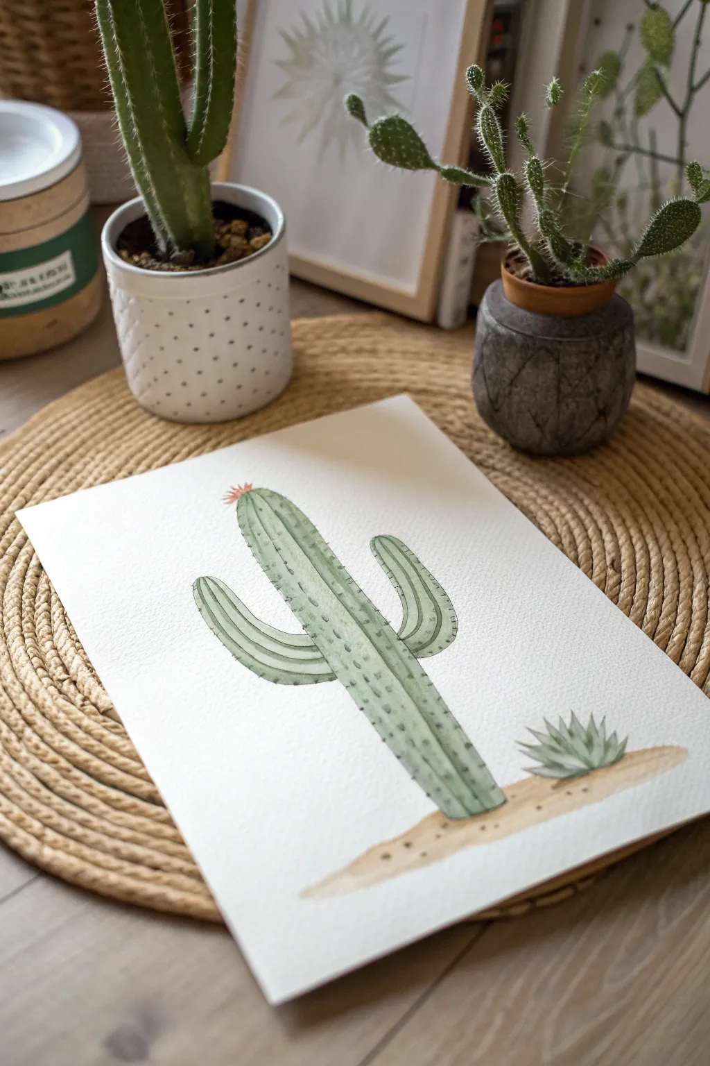 Dot-and-dash spine marks make this painted cactus look textured fast, no needle detail needed.