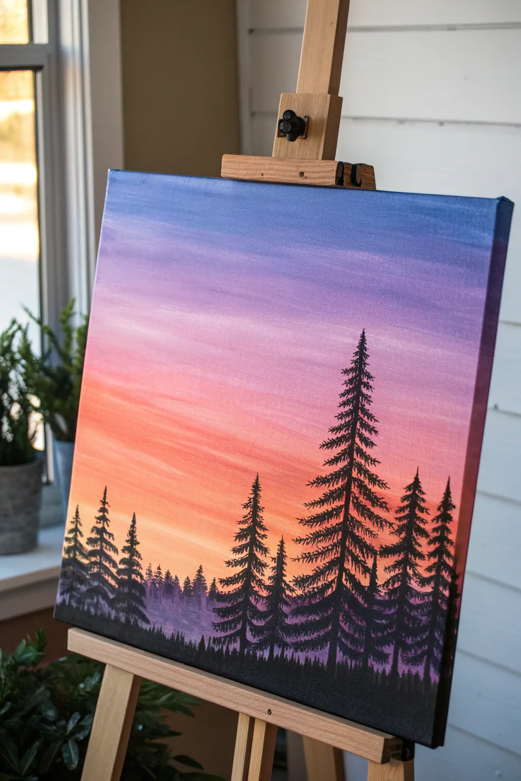 Beginner pine tree silhouettes against a dreamy sunset gradient, simple and striking on canvas