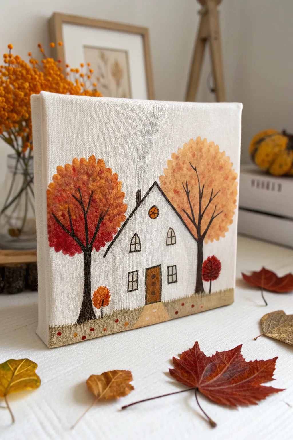 Autumn house canvas idea with dabbed red-orange leaf trees, simple, cozy, beginner-friendly