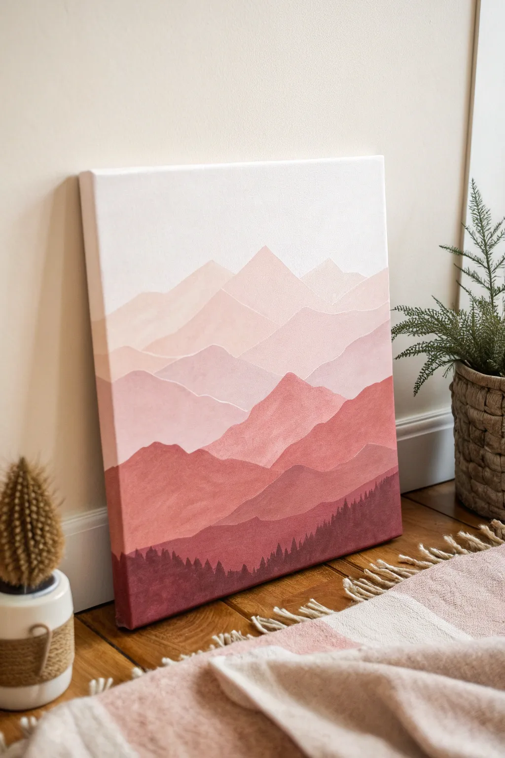 Soft pink mountain layers in blush, rose, and mauve for an easy minimalist canvas idea