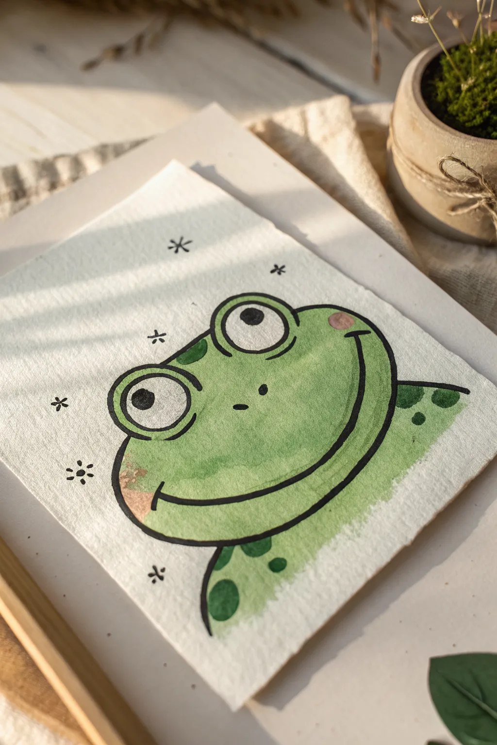 Beginner-friendly grinning frog face with bold outlines and calm green paint for an easy character study.