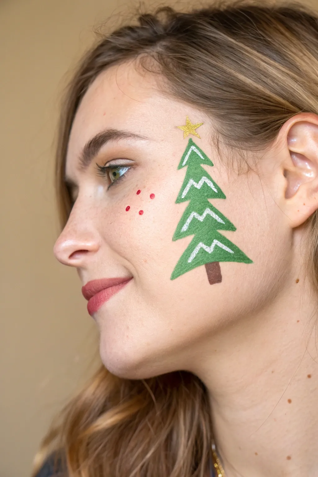 Quick triangle Christmas tree face paint with dot ornaments, minimal and festive for beginners