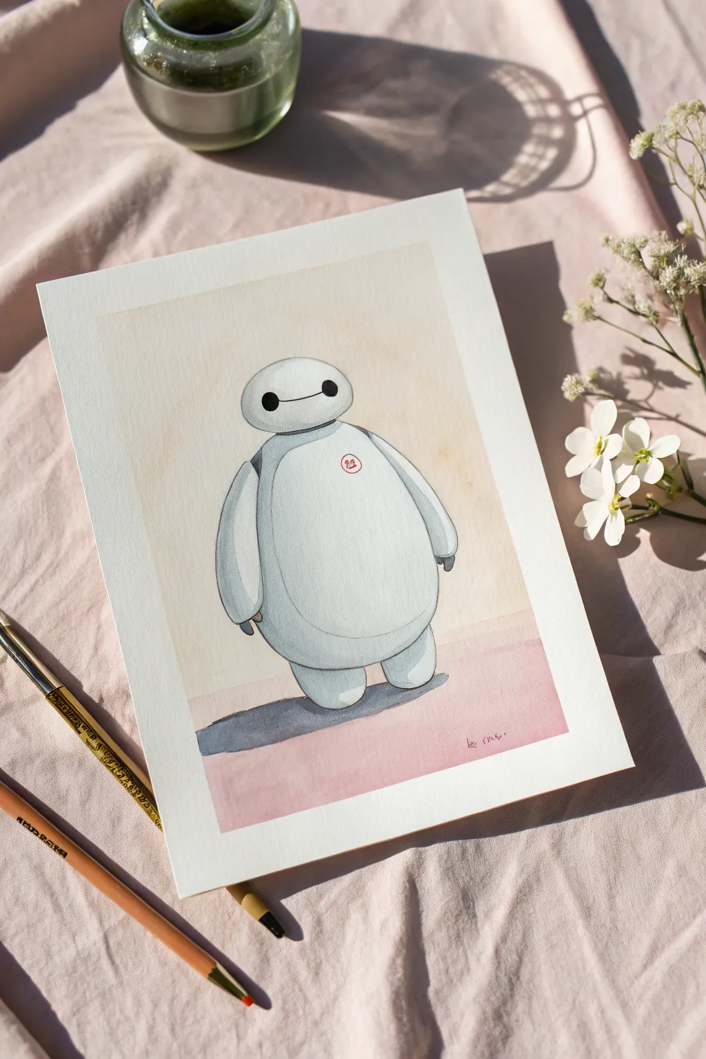 Ultra-easy cute white robot painting idea: minimalist two-dot face on a soft pastel background