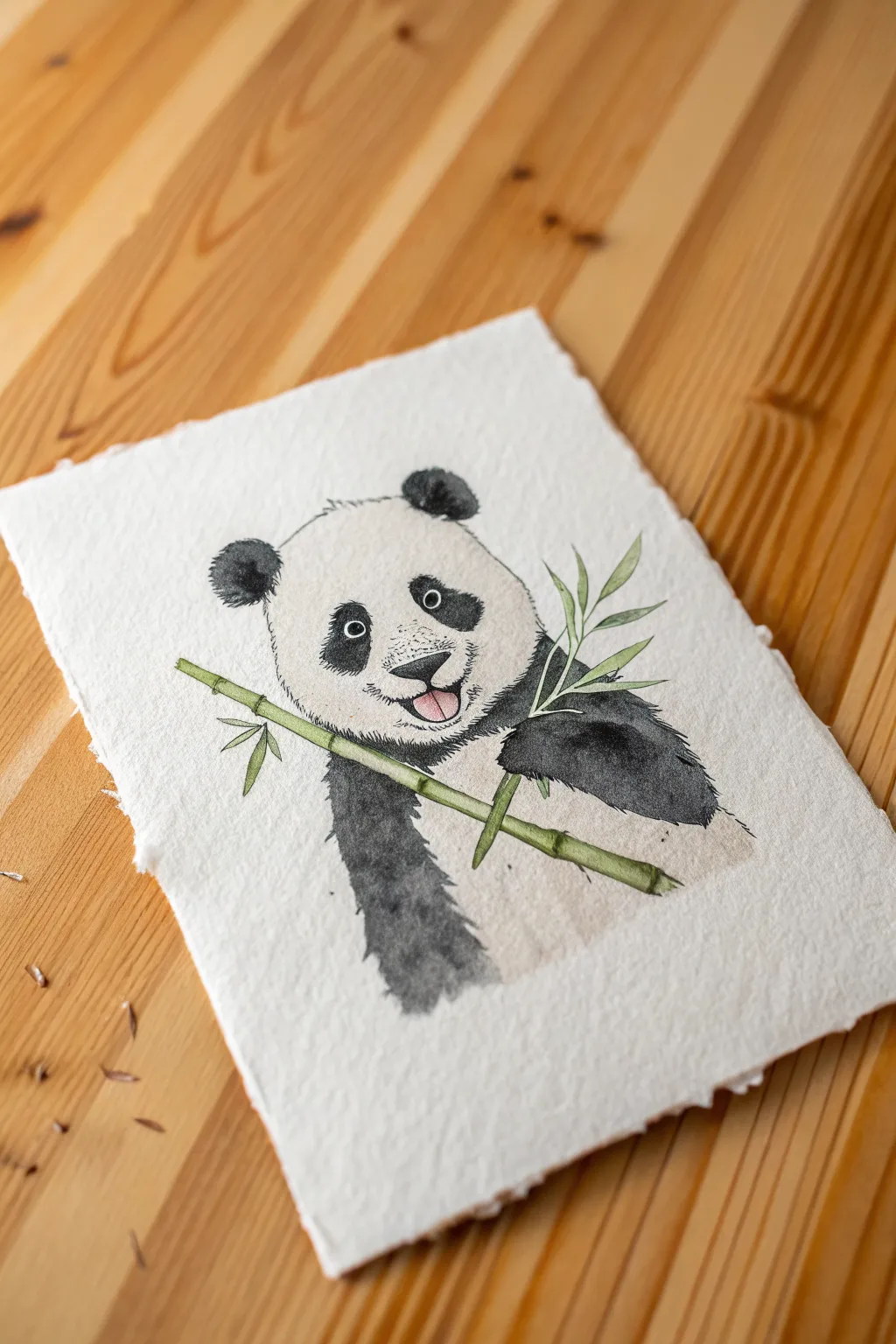 Draw a sweet panda nibbling bamboo, simple lines and soft shading for cozy minimalist charm.