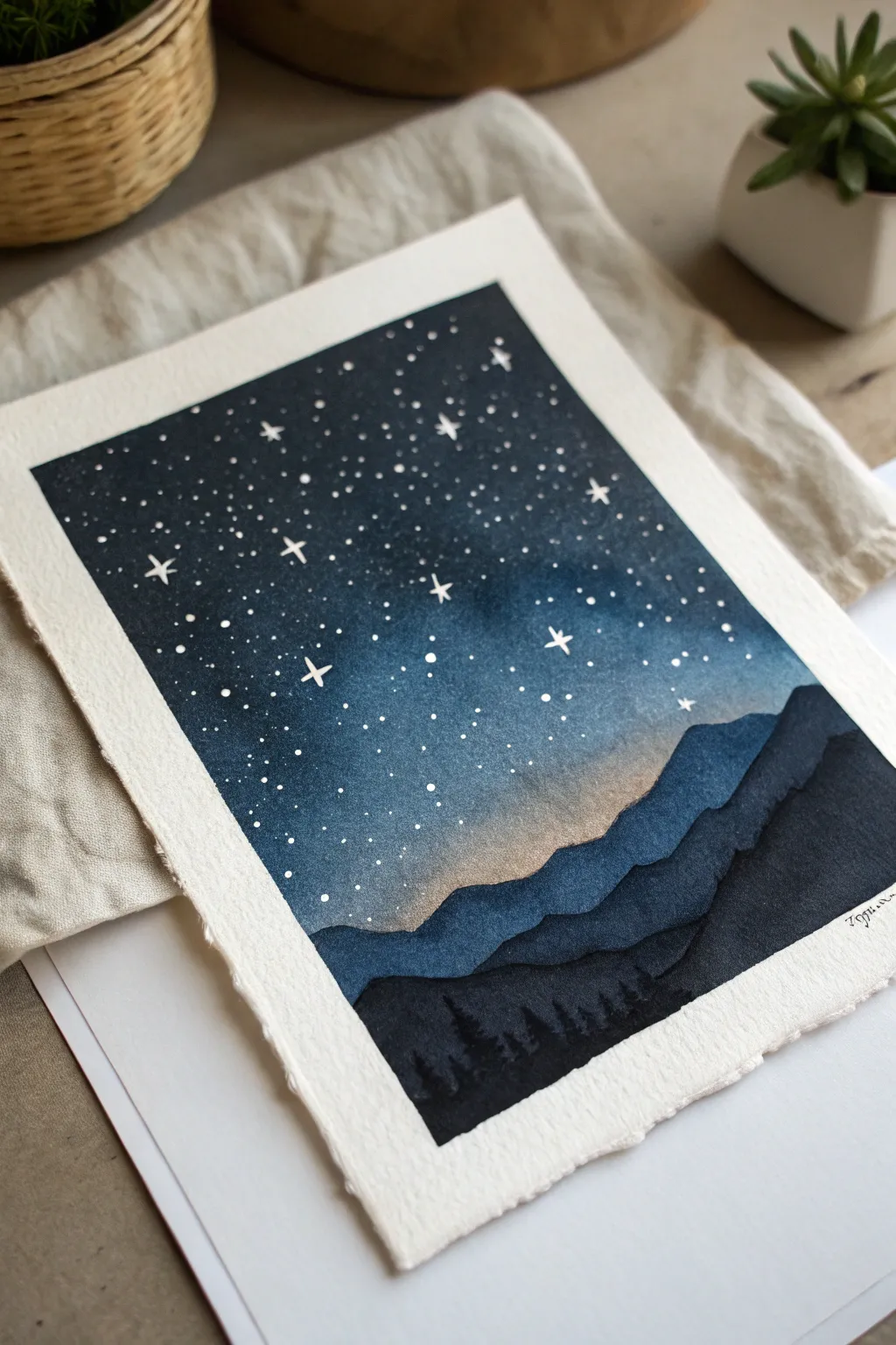 Easy star splatter night sky painting: deep indigo, crisp white stars, simple hill silhouette