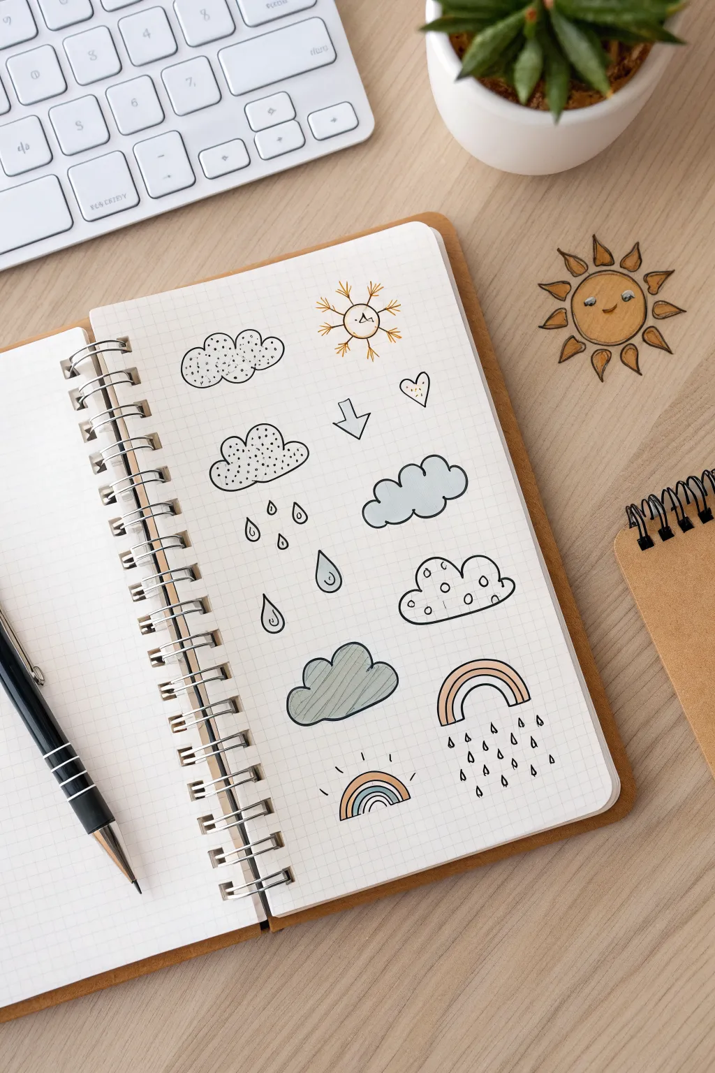 Minimal weather doodles: cute cloud, raindrop and sun icons in a clean Scandinavian style