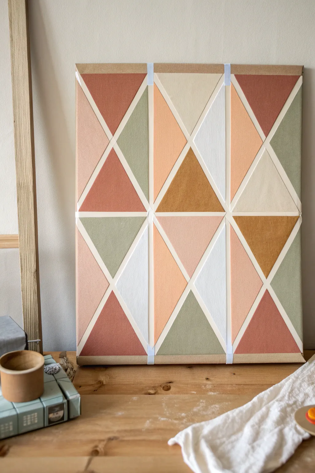 Peel-and-reveal geometric masking tape art with muted boho colors and crisp white lines