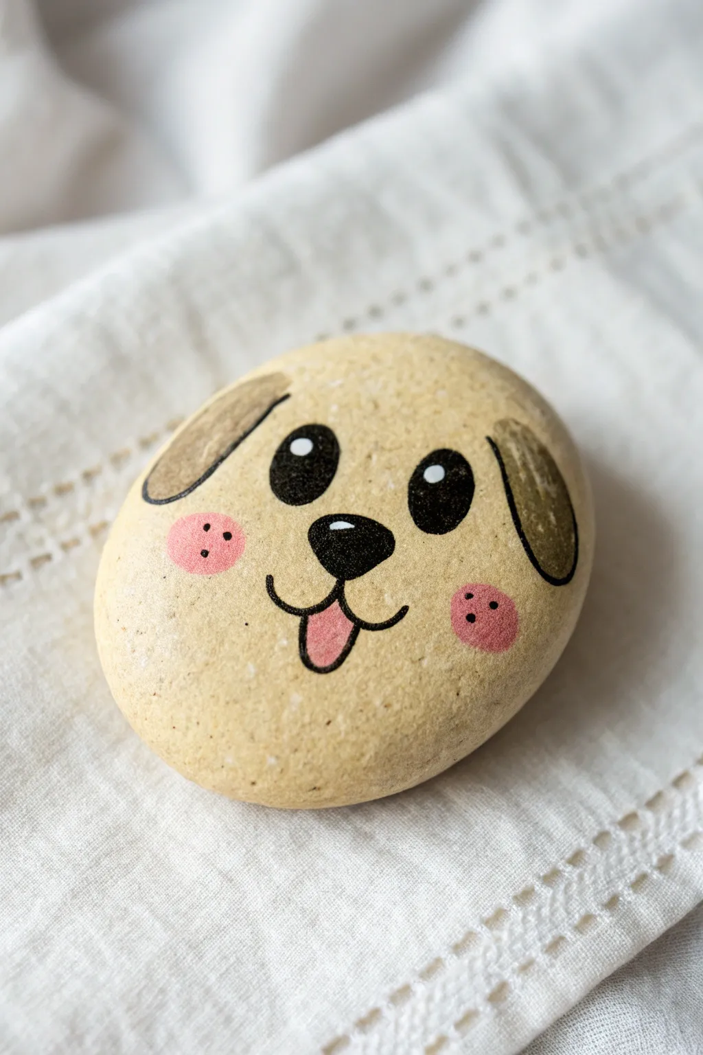 Cute tongue-out puppy rock painting with rosy cheeks, perfect minimalist boho DIY inspiration.