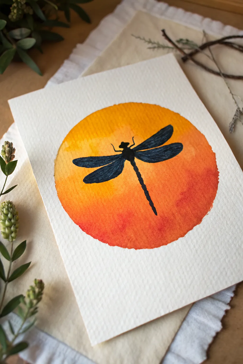 Sunset circle gradient with a bold dragonfly silhouette, minimalist and beginner friendly