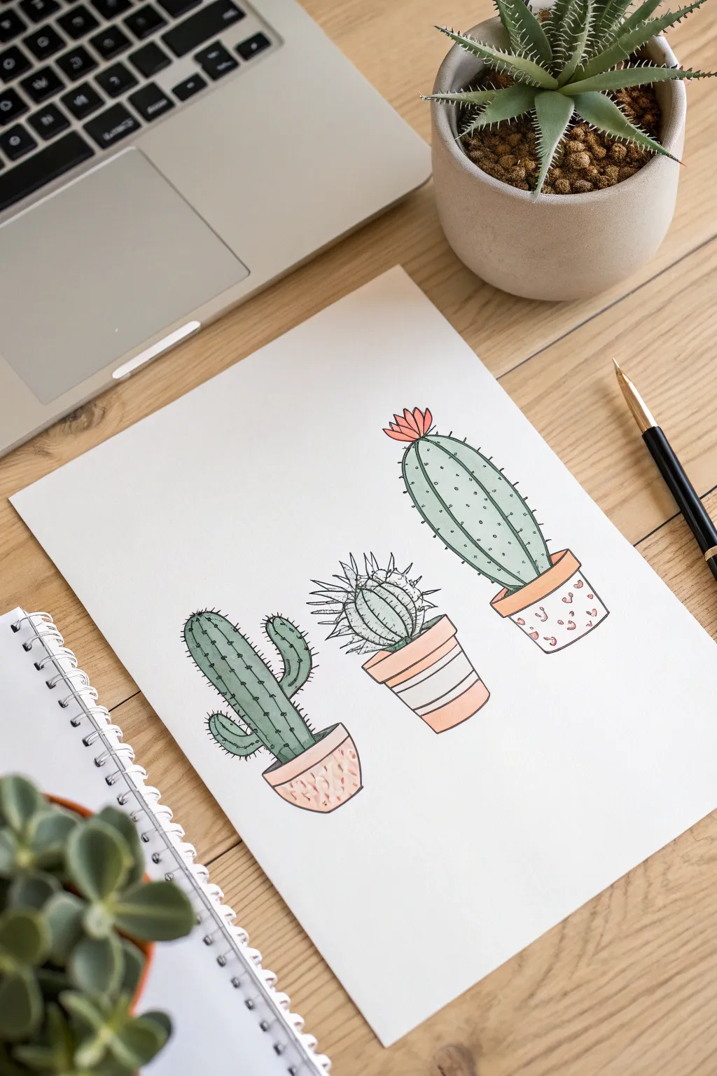 Discover the joy of simple botanical art with this cute cactus trio. 🌵✨