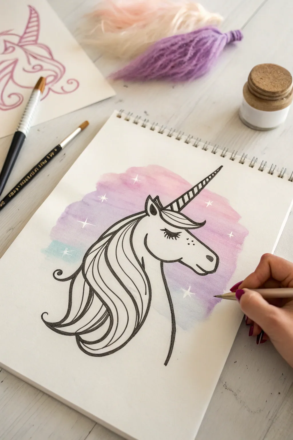Beginner-friendly unicorn profile with a flowing two-tone mane in a clean minimalist style