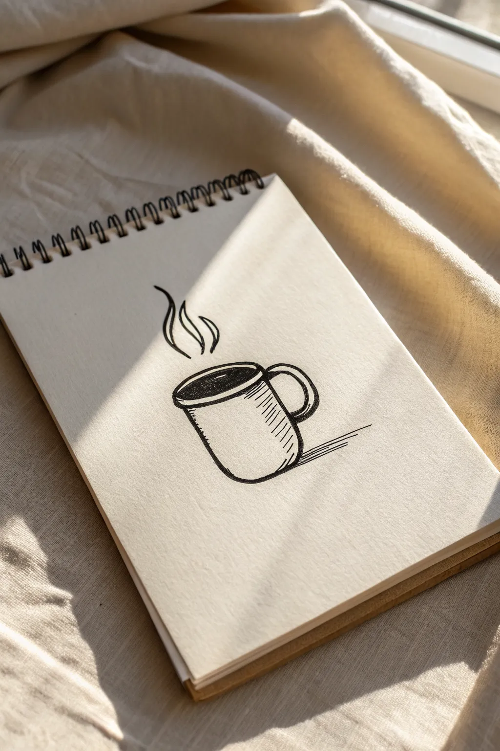 Minimal coffee mug with steam outline on clean paper, a cozy and easy morning doodle idea