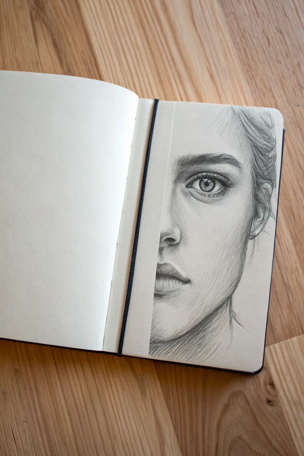 Half-face portrait split down the middle, bold pencil lines and clean negative space to copy