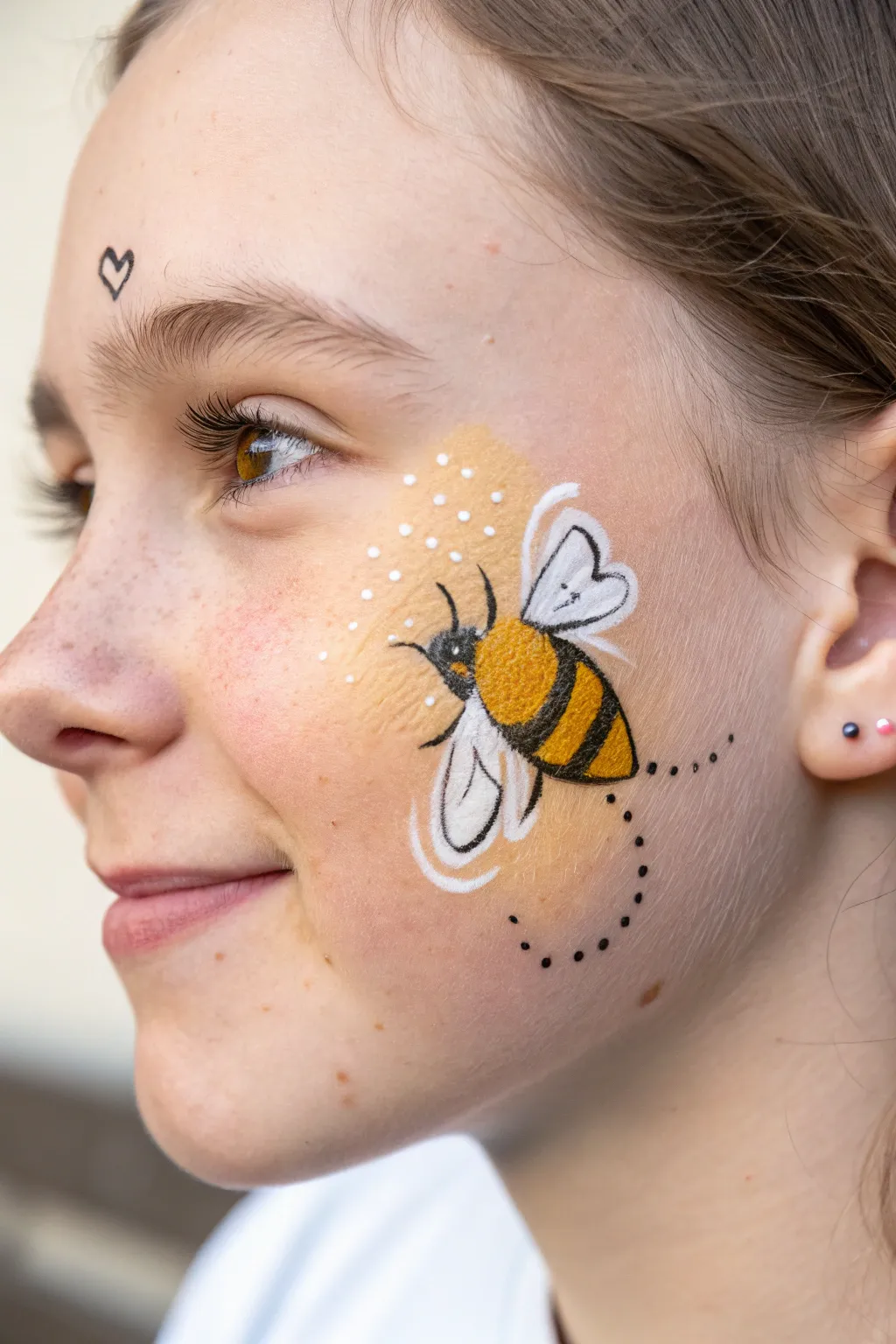 Sweet bumblebee cheek art with a dotted flight trail, minimal, boho, and easy to recreate